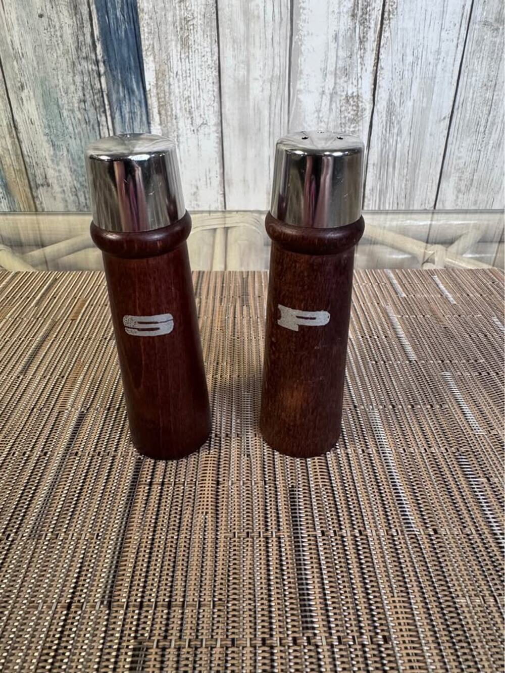 Vintage Wood and Metal Salt and Pepper Shakers
